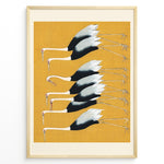 Load image into Gallery viewer, Minimalist Japanese illustration of cranes in a vertical formation on a yellow background in a framed poster.
