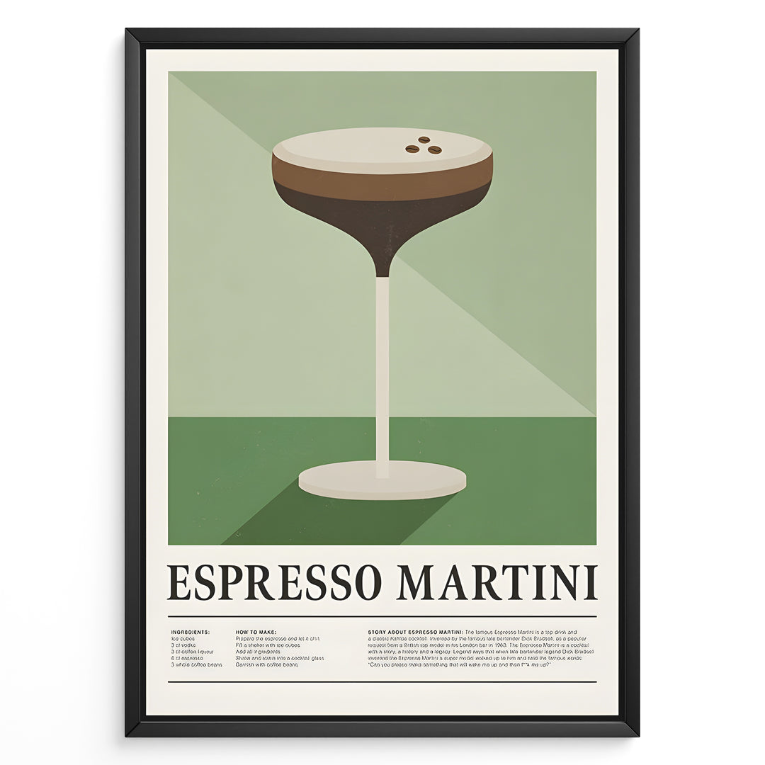 Minimalist Espresso Martini wall art plakat with cocktail glass illustration and recipe text—modern kitchen or bar décor print.