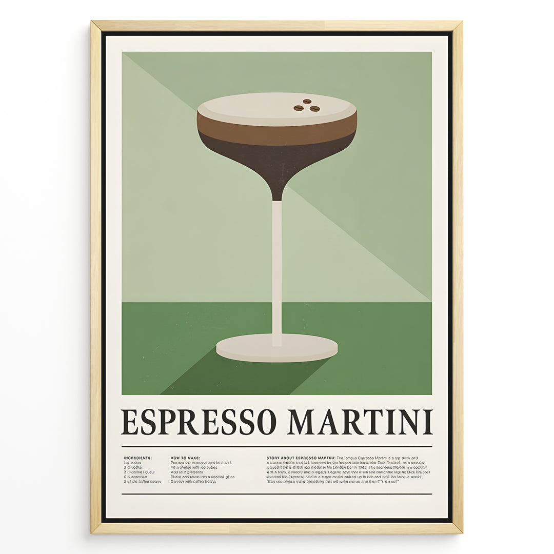 Minimalist Espresso Martini wall art plakat with cocktail glass illustration and recipe text—modern kitchen or bar décor print.
