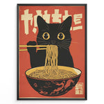 Load image into Gallery viewer, Retro Japanese-style illustration of a black cat eating noodles with chopsticks in a framed poster.
