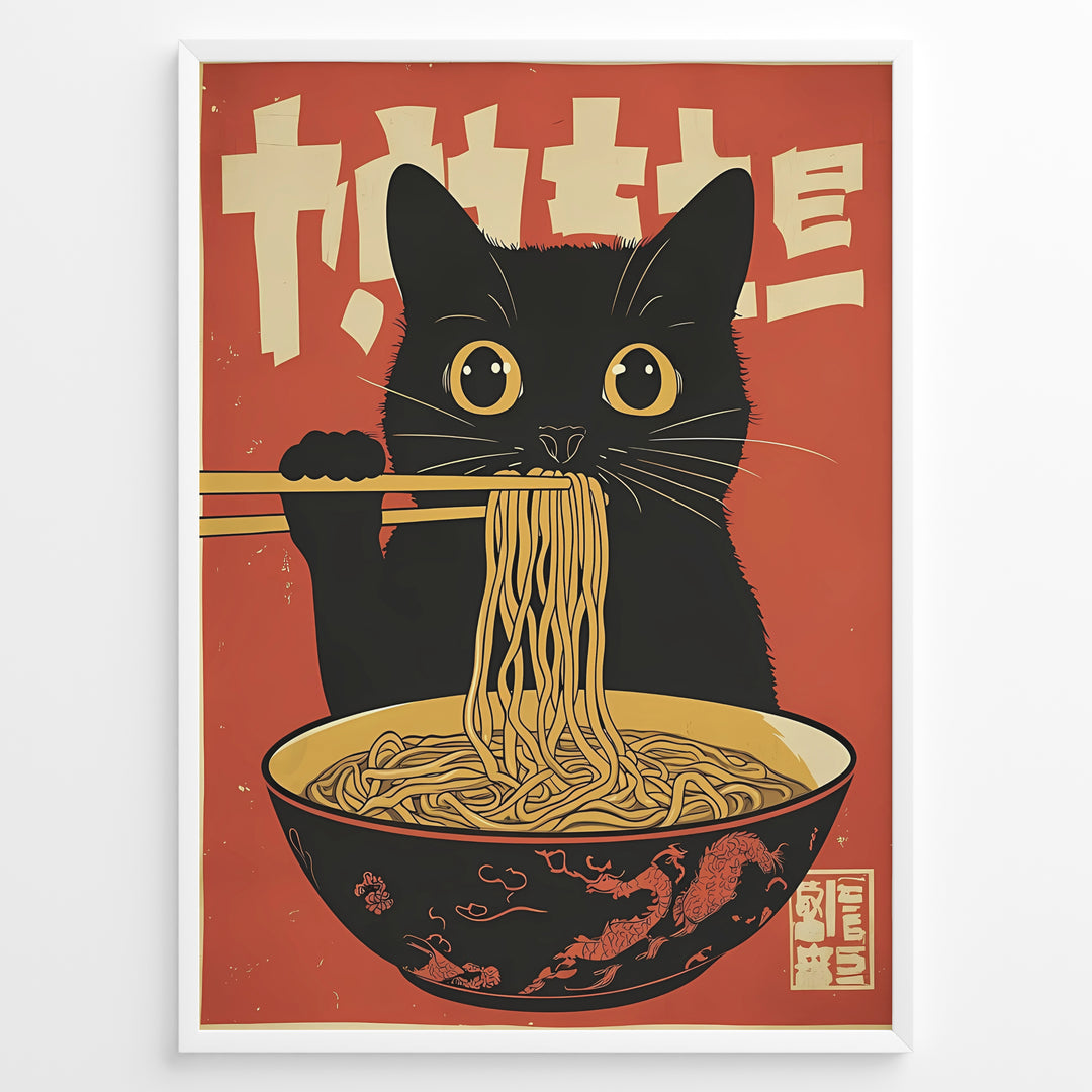 Retro Japanese-style illustration of a black cat eating noodles with chopsticks in a framed poster.