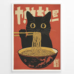 Load image into Gallery viewer, Retro Japanese-style illustration of a black cat eating noodles with chopsticks in a framed poster.
