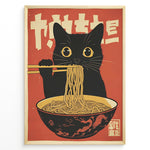 Load image into Gallery viewer, Retro Japanese-style illustration of a black cat eating noodles with chopsticks in a framed poster.
