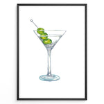 Load image into Gallery viewer, Watercolor illustration plakat of a martini glass with green olives—minimalist cocktail art print for kitchen or bar décor.
