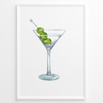 Load image into Gallery viewer, Watercolor illustration plakat of a martini glass with green olives—minimalist cocktail art print for kitchen or bar décor.
