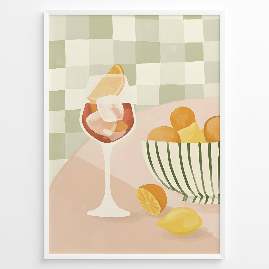 Abstract art print plakat of a wine glass with citrus fruits and a striped bowl on a checkered background—modern kitchen wall décor.