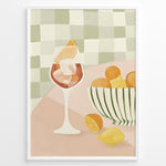 Load image into Gallery viewer, Abstract art print plakat of a wine glass with citrus fruits and a striped bowl on a checkered background—modern kitchen wall décor.
