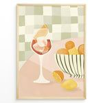 Load image into Gallery viewer, Abstract art print plakat of a wine glass with citrus fruits and a striped bowl on a checkered background—modern kitchen wall décor.
