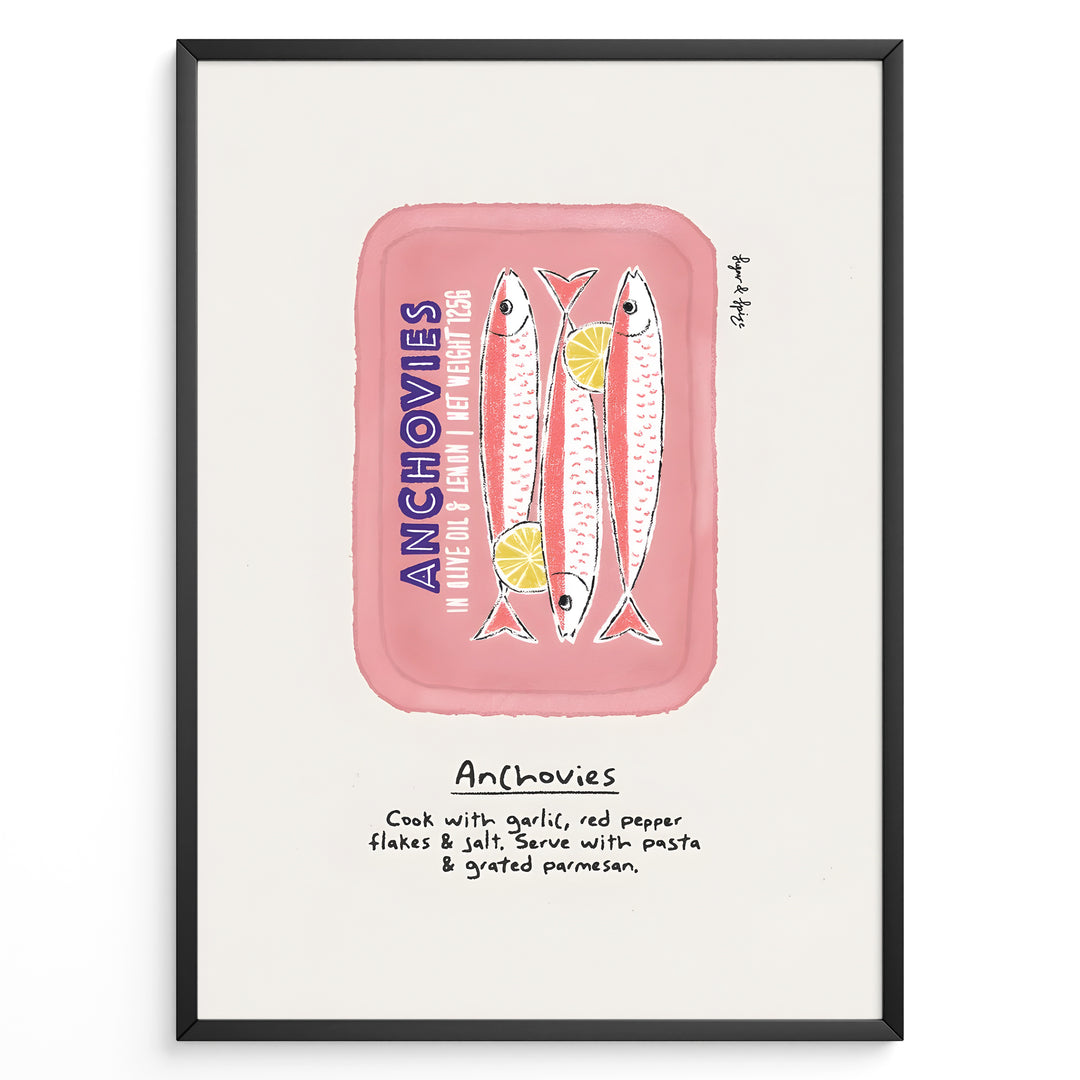 Retro anchovies tin illustration plakat with handwritten cooking notes—vintage-inspired kitchen wall art print.