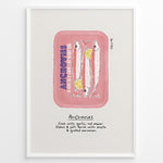 Load image into Gallery viewer, Retro anchovies tin illustration plakat with handwritten cooking notes—vintage-inspired kitchen wall art print.
