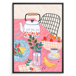 Load image into Gallery viewer, Colorful breakfast table illustration with kettle, fruit, and coffee—modern kitchen wall art print.

