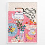 Load image into Gallery viewer, Colorful breakfast table illustration with kettle, fruit, and coffee—modern kitchen wall art print.
