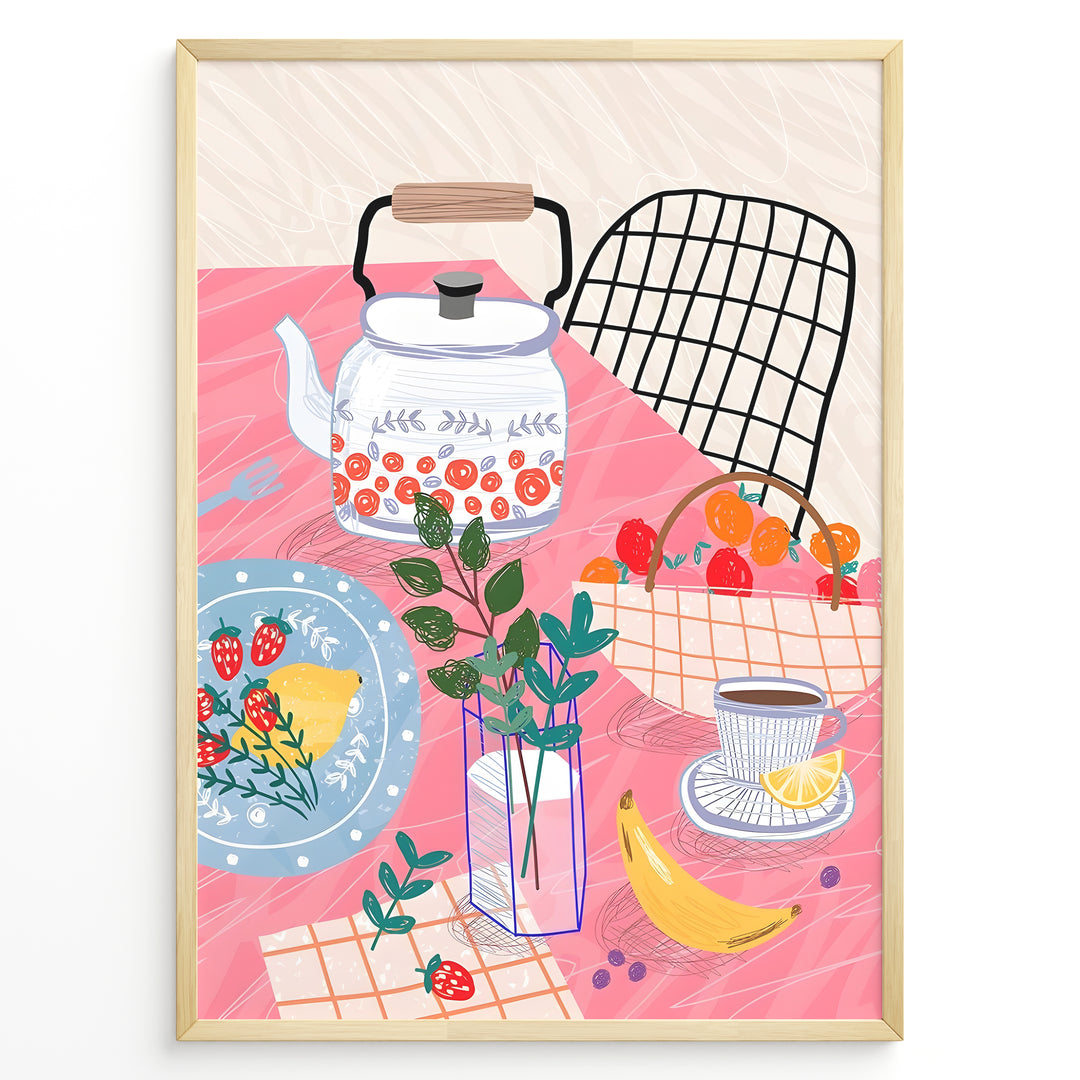 Colorful breakfast table illustration with kettle, fruit, and coffee—modern kitchen wall art print.