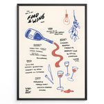Load image into Gallery viewer, Minimalist hand-drawn food and wine menu illustration with bottles and glasses—modern kitchen wall art print.

