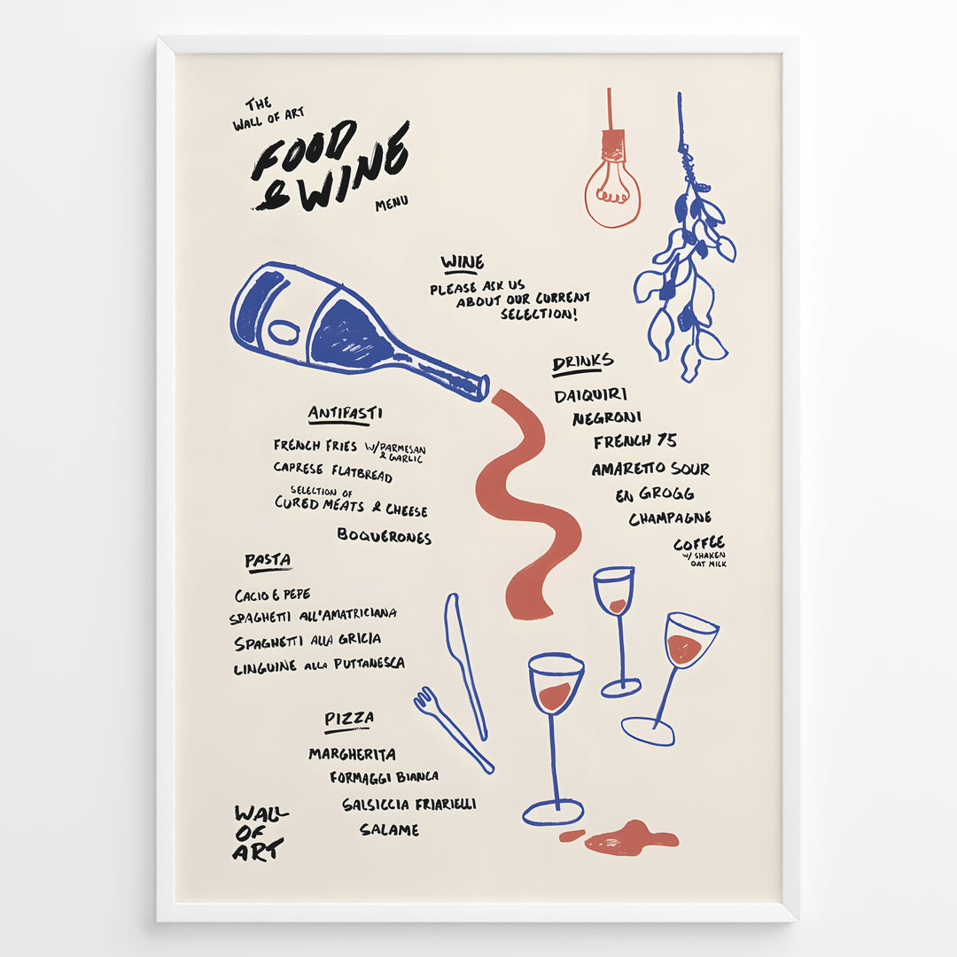 Minimalist hand-drawn food and wine menu illustration with bottles and glasses—modern kitchen wall art print.