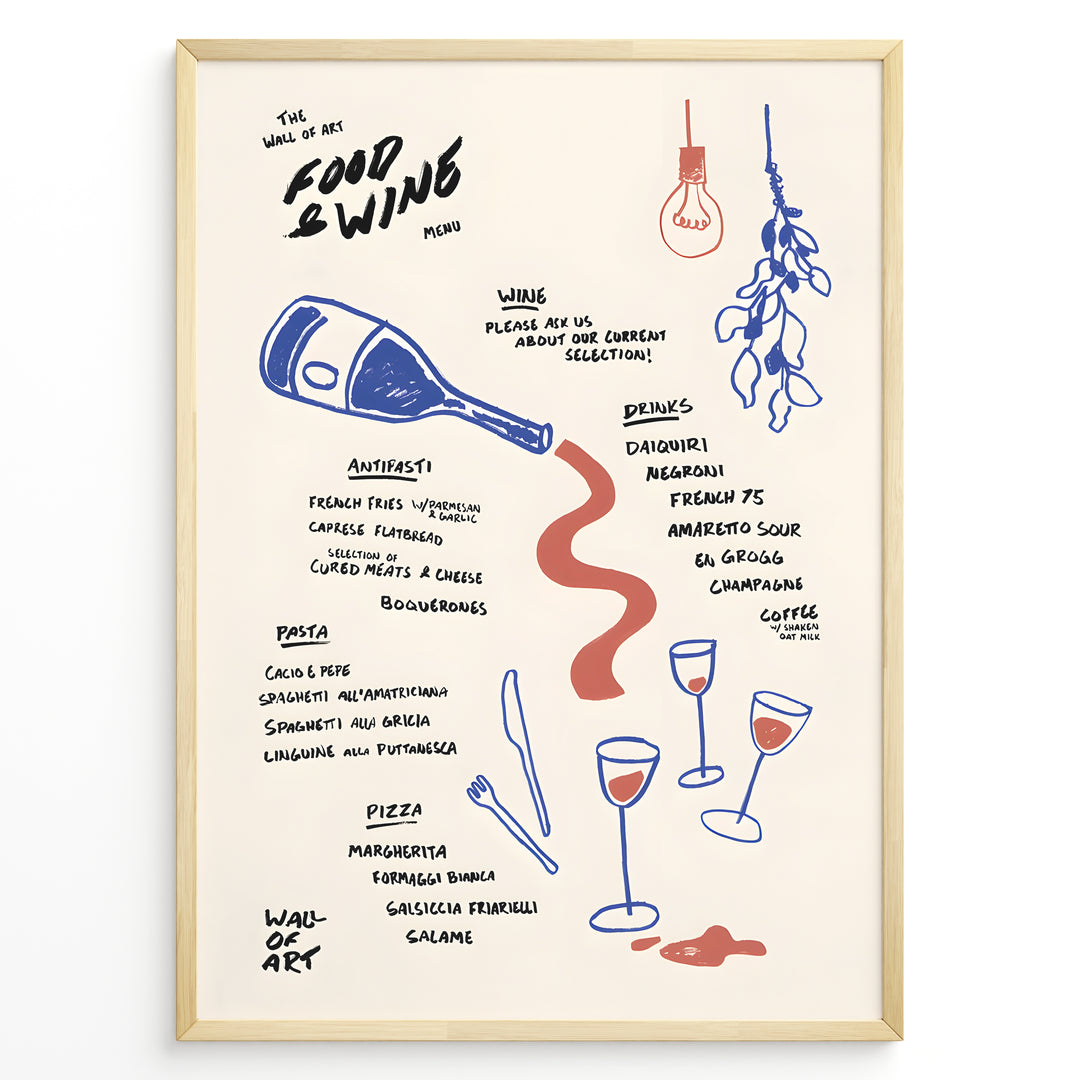 Minimalist hand-drawn food and wine menu illustration with bottles and glasses—modern kitchen wall art print.