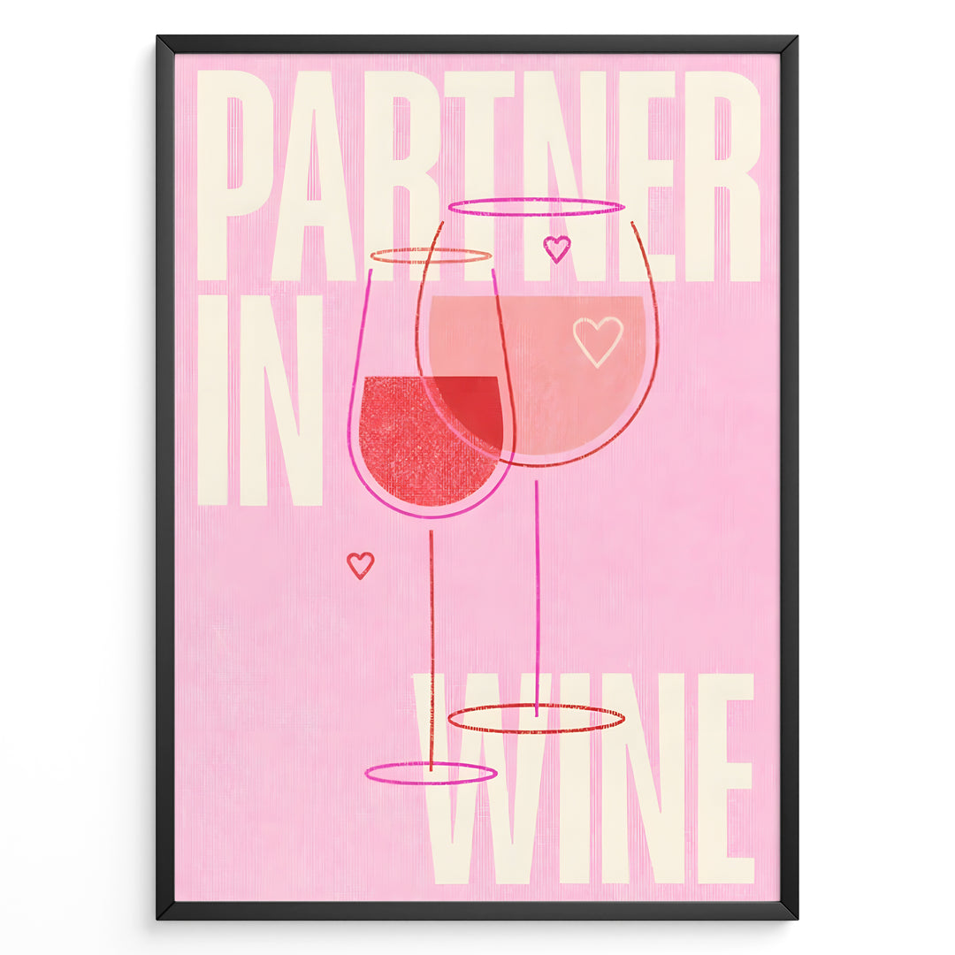Pink wall art with two wine glasses and text “Partner in Wine” — modern romantic kitchen or bar wall print.