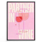 Load image into Gallery viewer, Pink wall art with two wine glasses and text “Partner in Wine” — modern romantic kitchen or bar wall print.
