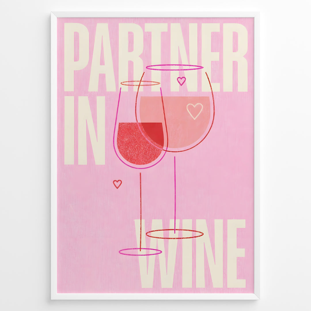 Pink wall art with two wine glasses and text “Partner in Wine” — modern romantic kitchen or bar wall print.