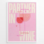 Load image into Gallery viewer, Pink wall art with two wine glasses and text “Partner in Wine” — modern romantic kitchen or bar wall print.
