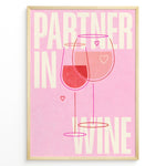 Load image into Gallery viewer, Pink wall art with two wine glasses and text “Partner in Wine” — modern romantic kitchen or bar wall print.
