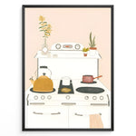 Load image into Gallery viewer, Minimalist art print plakat of a cozy kitchen stove with kettle, pots, and houseplants on a soft peach background.
