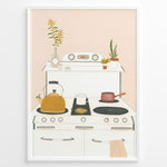 Load image into Gallery viewer, Minimalist art print plakat of a cozy kitchen stove with kettle, pots, and houseplants on a soft peach background.

