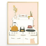 Load image into Gallery viewer, Minimalist art print plakat of a cozy kitchen stove with kettle, pots, and houseplants on a soft peach background.

