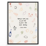 Load image into Gallery viewer, Julia Child quote wall art with doodles of food and kitchen items — “People who love to eat are always the best people.”
