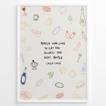 Load image into Gallery viewer, Julia Child quote wall art with doodles of food and kitchen items — “People who love to eat are always the best people.”
