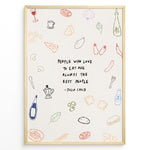 Load image into Gallery viewer, Julia Child quote wall art with doodles of food and kitchen items — “People who love to eat are always the best people.”
