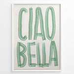 Load image into Gallery viewer, Modern Italian wall art print with bold green “Ciao Bella” text — stylish typography kitchen or café décor.
