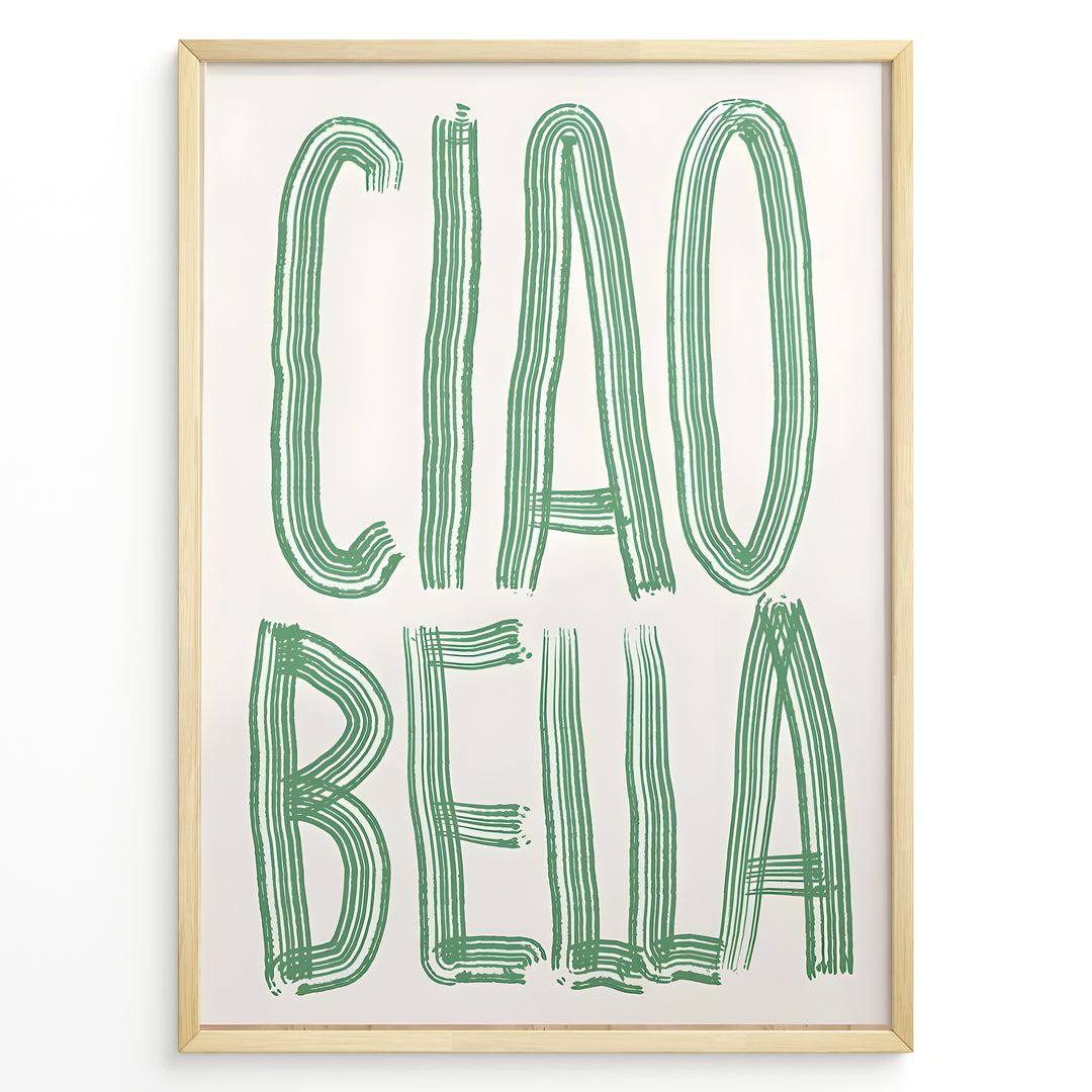 Modern Italian wall art print with bold green “Ciao Bella” text — stylish typography kitchen or café décor.