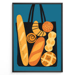 Load image into Gallery viewer, Modern art print of a tote bag filled with bread and pastries on a blue background — bakery-inspired kitchen wall décor.
