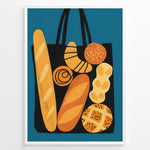 Load image into Gallery viewer, Modern art print of a tote bag filled with bread and pastries on a blue background — bakery-inspired kitchen wall décor.
