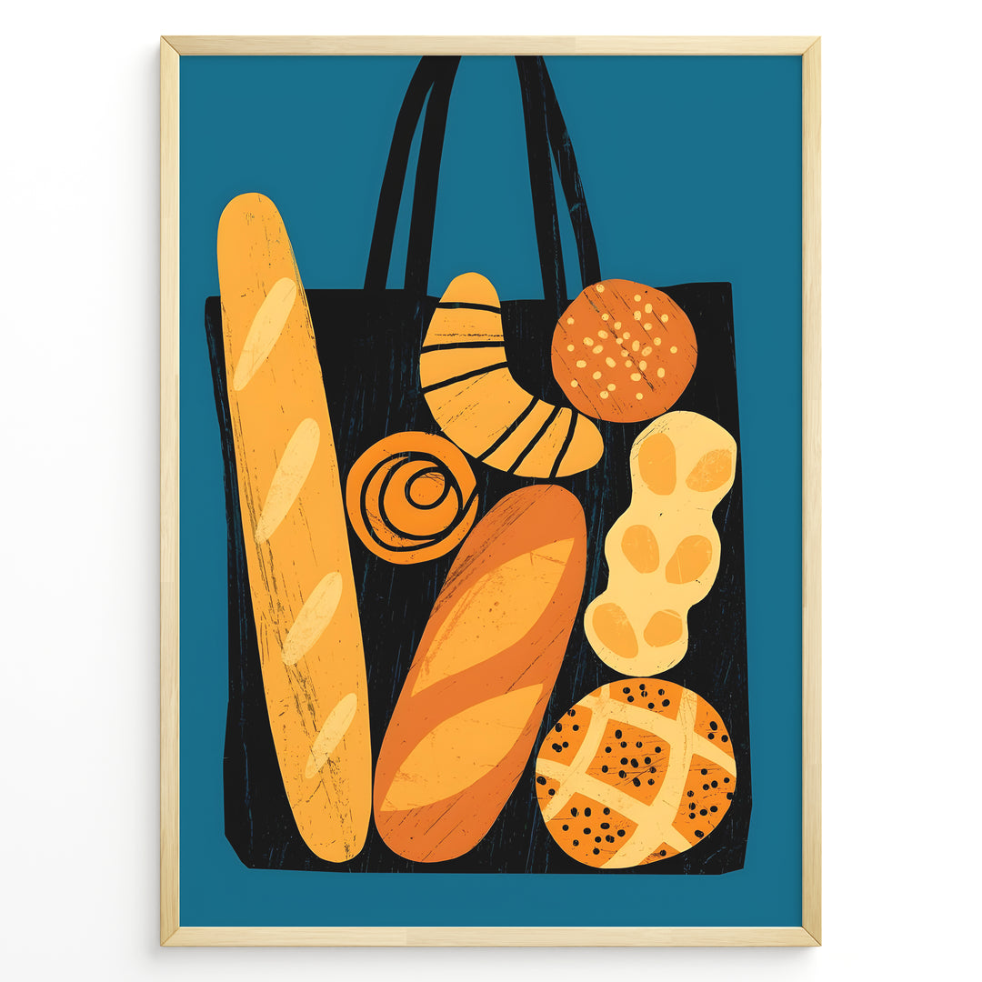 Modern art print of a tote bag filled with bread and pastries on a blue background — bakery-inspired kitchen wall décor.