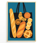 Load image into Gallery viewer, Modern art print of a tote bag filled with bread and pastries on a blue background — bakery-inspired kitchen wall décor.
