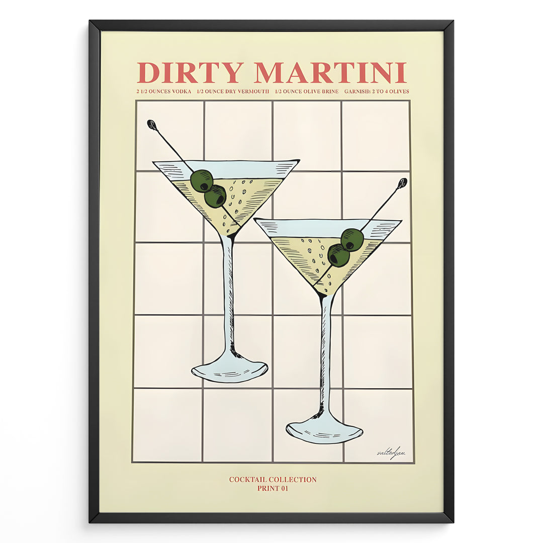 Dirty Martini cocktail art print featuring two martini glasses with olives and recipe text — elegant bar and kitchen wall décor.
