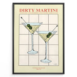 Load image into Gallery viewer, Dirty Martini cocktail art print featuring two martini glasses with olives and recipe text — elegant bar and kitchen wall décor.
