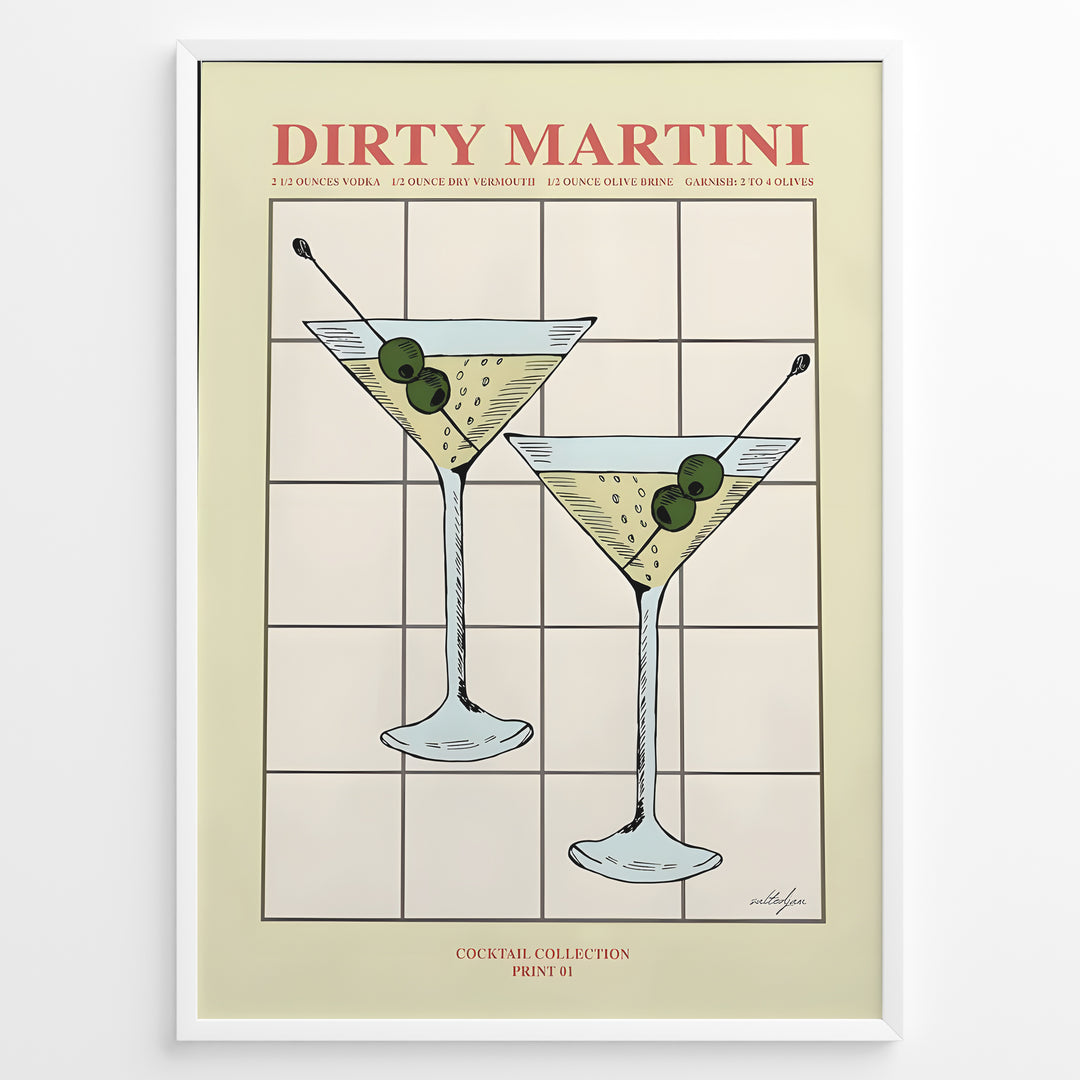 Dirty Martini cocktail art print featuring two martini glasses with olives and recipe text — elegant bar and kitchen wall décor.