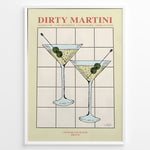 Load image into Gallery viewer, Dirty Martini cocktail art print featuring two martini glasses with olives and recipe text — elegant bar and kitchen wall décor.
