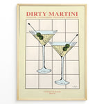 Load image into Gallery viewer, Dirty Martini cocktail art print featuring two martini glasses with olives and recipe text — elegant bar and kitchen wall décor.
