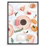 Load image into Gallery viewer, Watercolor art print of coffee cups, figs, and oranges on a pastel background — modern breakfast-themed kitchen wall décor.
