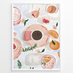 Load image into Gallery viewer, Watercolor art print of coffee cups, figs, and oranges on a pastel background — modern breakfast-themed kitchen wall décor.
