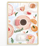 Load image into Gallery viewer, Watercolor art print of coffee cups, figs, and oranges on a pastel background — modern breakfast-themed kitchen wall décor.
