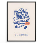 Load image into Gallery viewer, Waffle illustration with berries and the quote “Love at first bite” — cute breakfast-themed kitchen wall art print.
