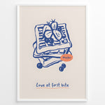 Load image into Gallery viewer, Waffle illustration with berries and the quote “Love at first bite” — cute breakfast-themed kitchen wall art print.
