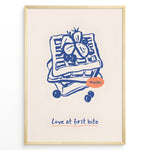 Load image into Gallery viewer, Waffle illustration with berries and the quote “Love at first bite” — cute breakfast-themed kitchen wall art print.
