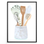Load image into Gallery viewer, Minimalist art print of wooden kitchen utensils in a ceramic jar — modern cooking-themed wall décor for kitchens.

