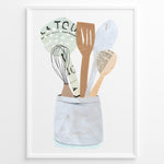 Load image into Gallery viewer, Minimalist art print of wooden kitchen utensils in a ceramic jar — modern cooking-themed wall décor for kitchens.
